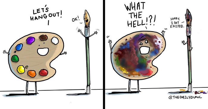Artist palette and paintbrush characters in a hilarious comic style by The Daily Dunc, creating a funny, relatable scene.