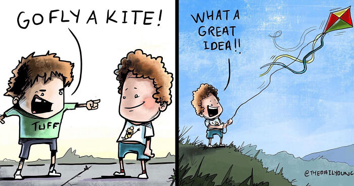 Two-panel comic from Daily Dunc with characters flying a kite and laughing in a humorous outdoor scene.