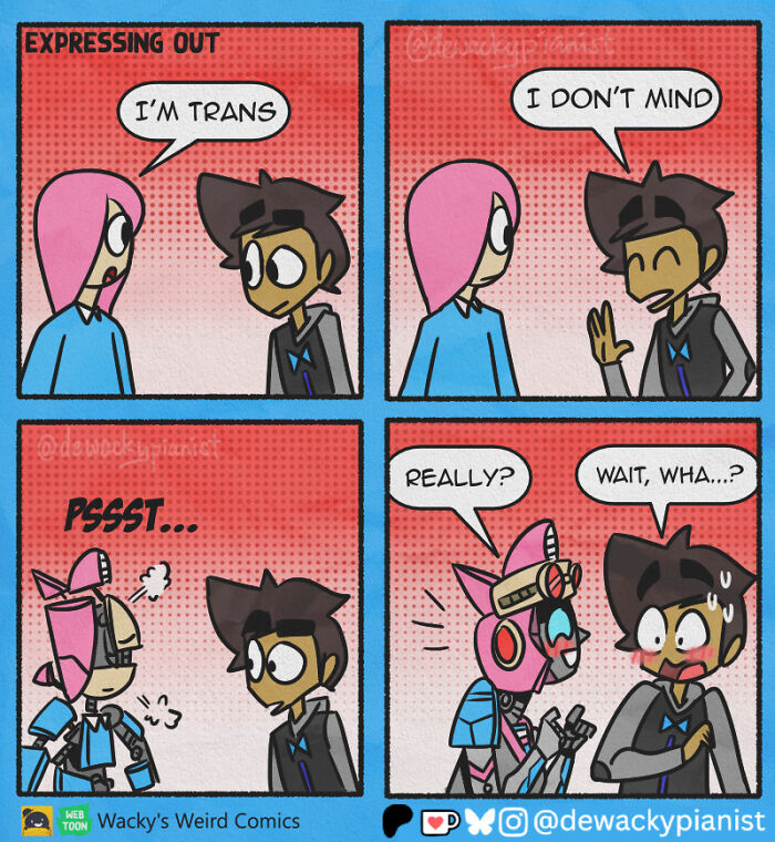 Colorful chaotic comic panels showing a character expressing being trans with humorous and unexpected robot reaction moments.