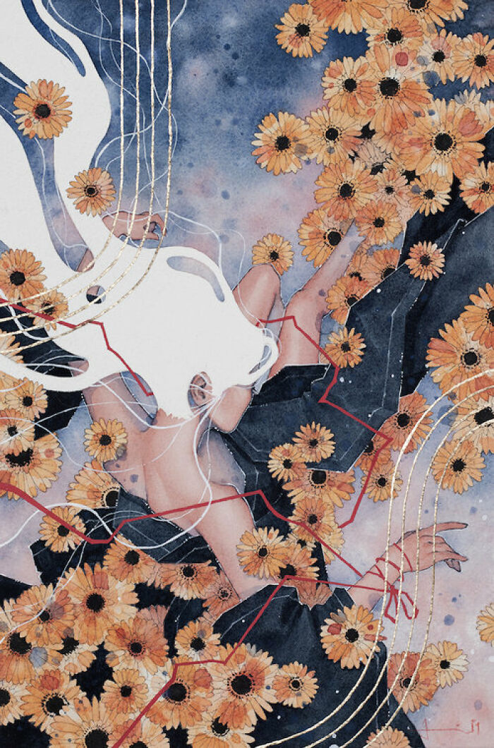 Watercolor painting by Kelogsloops of a figure surrounded by orange flowers and flowing white hair on a calming blue background.