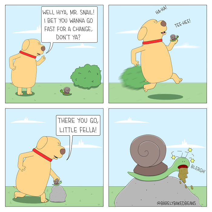 Dog laughs with snail before carrying it to a rock, then snail vomits, in hilarious and oddly heartwarming comic by Daniel Matheson.