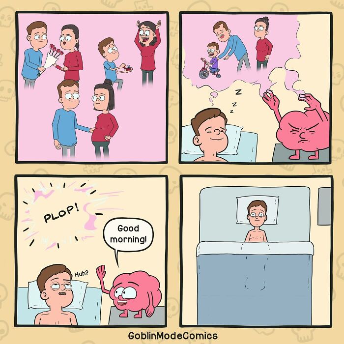 Comic panels showing a man interacting with a brain character in a hilariously bizarre Goblin Mode comic style.