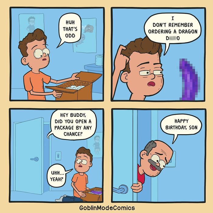 Comic strip with bizarre humor showing a man puzzled by a strange package, highlighting hilariously bizarre comics by Goblin Mode.