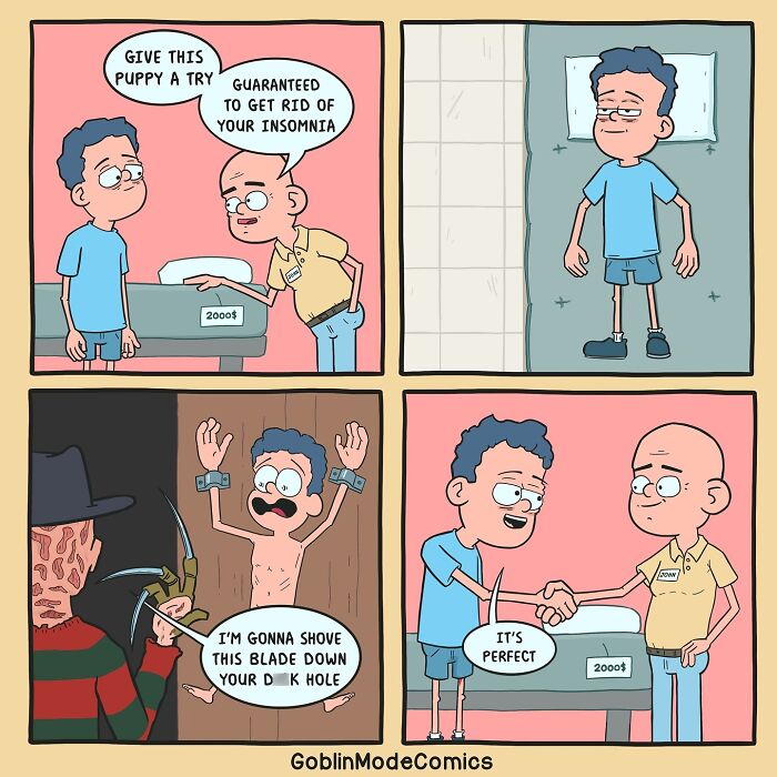 Bizarre comic strip showing a man trying an unusual puppy to cure insomnia in a hilariously strange scenario.