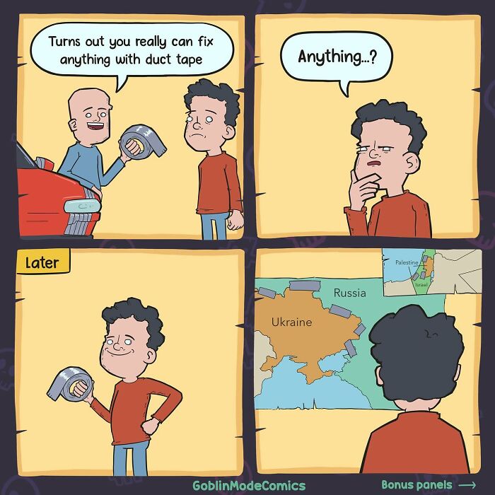 Comic showing a man humorously fixing a map of Russia and Ukraine with duct tape in bizarre Goblin Mode Comics style.