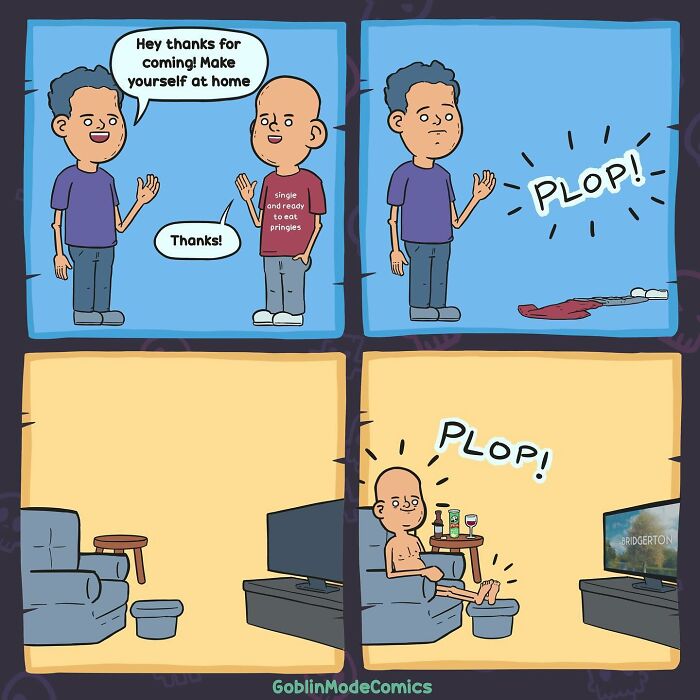 Two characters in a bizarre comic strip by Goblin Mode Comics with humorous moments involving unexpected plops.