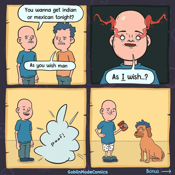 Two men joke about food, one transforms into a dog in a bizarre comic by Goblin Mode Comics.