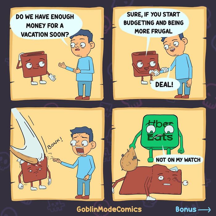 Comic panels showing a man negotiating budgeting with a wallet, ending with Uber Eats being stopped in a hilariously bizarre comic style.