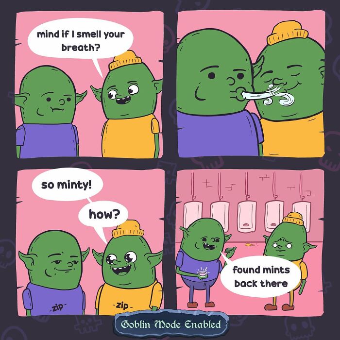 Bizarre goblin comic showing two green characters joking about smelling minty breath and finding mints in a restroom.