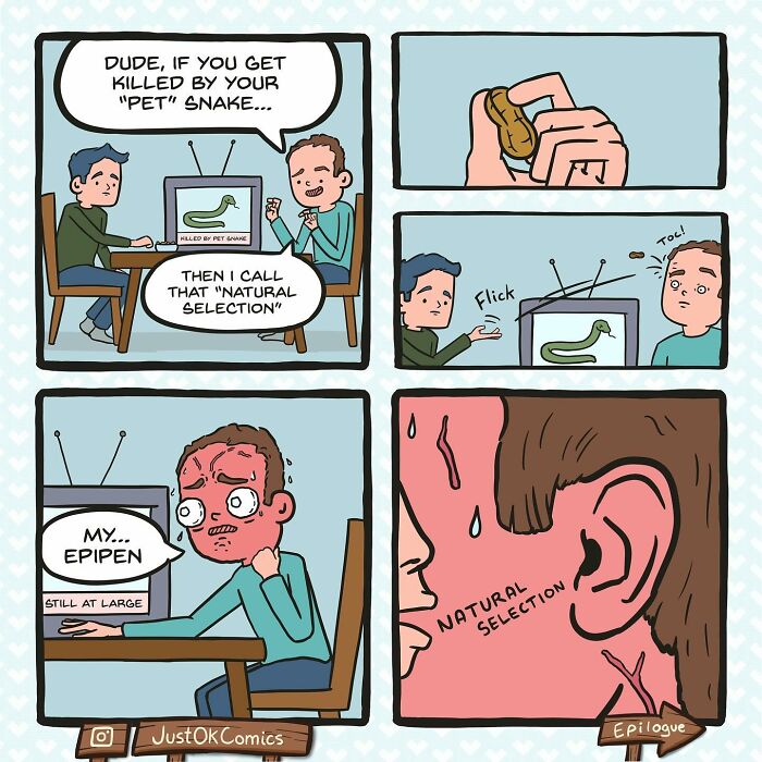 Two men at a table with a pet snake on TV, showing a bizarre comic about natural selection and an allergic reaction.