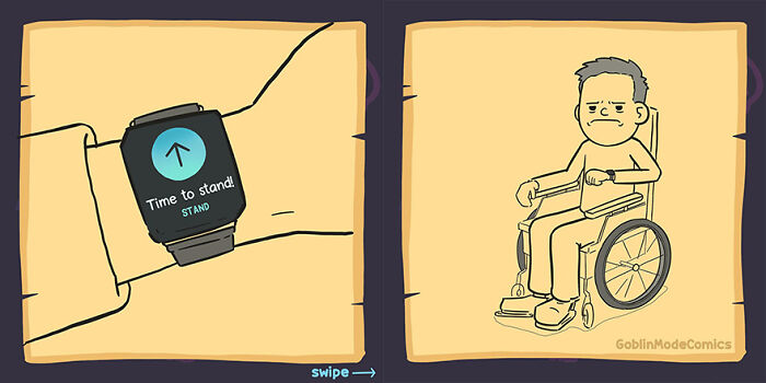 Hilariously bizarre comic showing a smartwatch reminding to stand and a man in a wheelchair ignoring it.