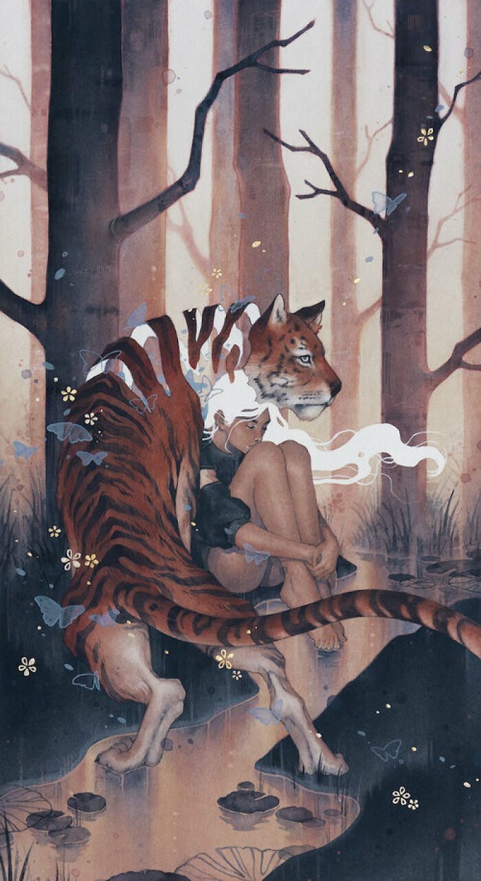 Watercolors by Kelogsloops of a girl with flowing white hair sitting by a tiger in a calming forest scene.