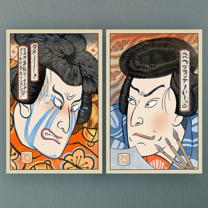 Two traditional 1800s Japan style ukiyo-e portraits reimagining modern memes with expressive faces and vibrant colors.