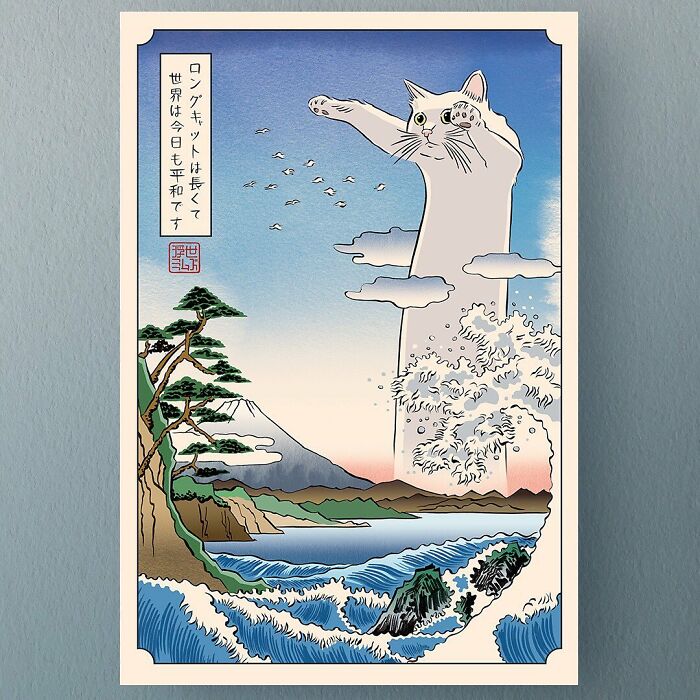 Giant cat rising from ocean waves in 1800s Japan style, blending traditional art with meme culture.