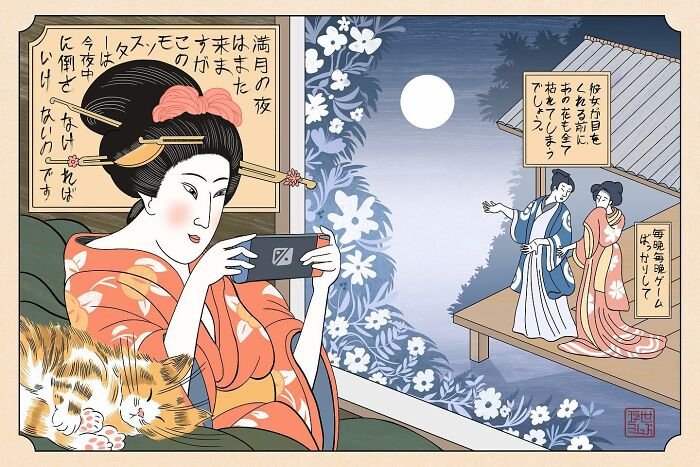 Traditional Japanese style artwork depicting a woman using a smartphone illustrating memes in 1800s Japan.