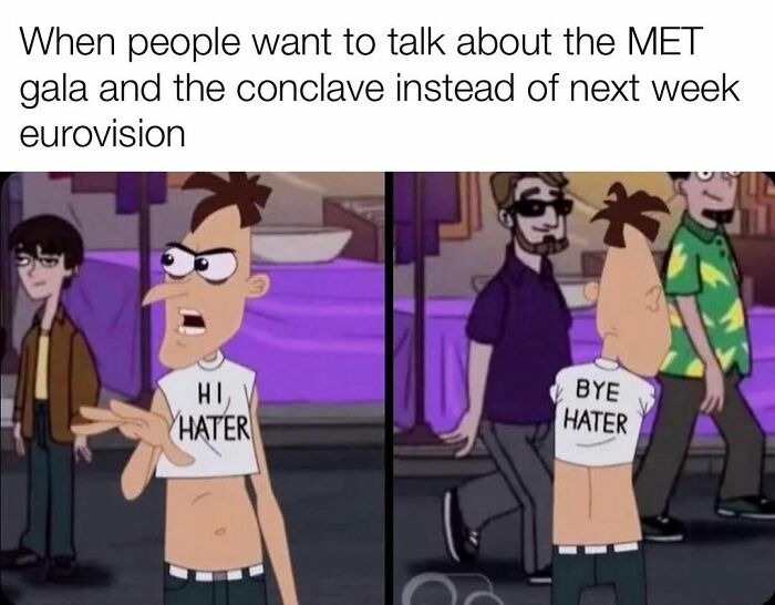 Animated character wearing shirts that say Hi Hater and Bye Hater, illustrating funny Eurovision Song Contest meme.