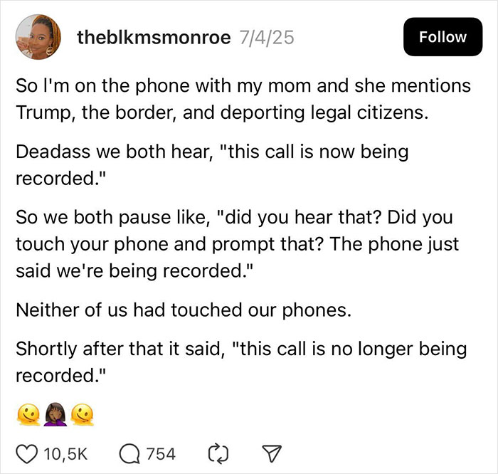 Screenshot of a social media thread sharing an outrageous lie about a phone call being mysteriously recorded.