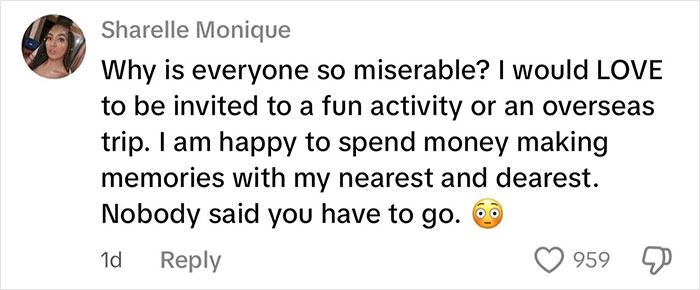 Comment from Sharelle Monique expressing willingness to spend money on hen parties amid internet debates.