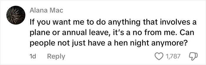 Social media comment questioning the rising costs of paying for hen parties and asking if hen nights can be simpler.