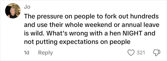 Screenshot of a social media comment discussing the pressure and costs involved in paying for hen parties.