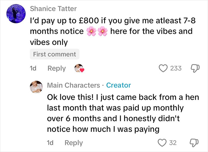 Social media comments debating the rising costs and payment methods for hen parties and their impact.