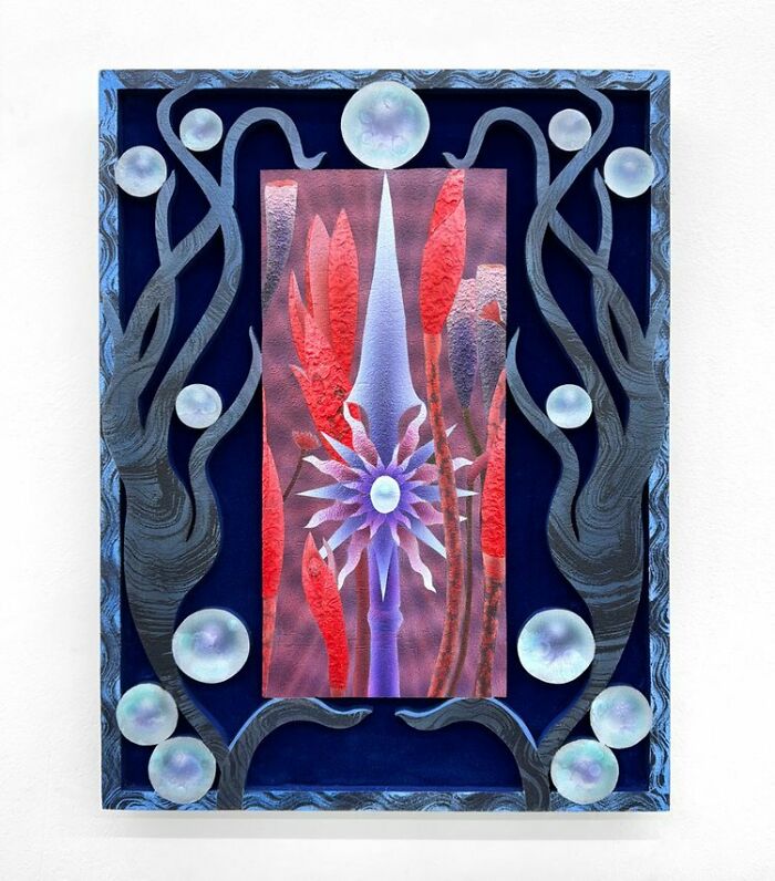 Abstract glowing garden artwork with vibrant red and purple plants framed by dark twisting branches and luminous orbs.