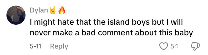 Comment from Dylan expressing support for Island Boy's baby amid fan bullying in a social media thread.