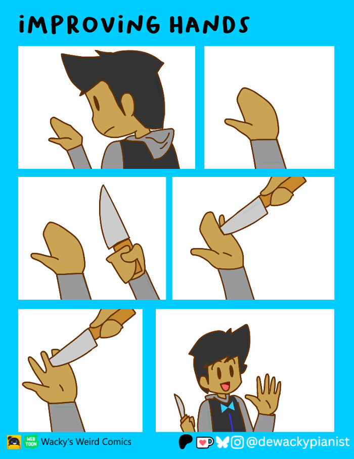 Comic panels showing a chaotic and hilarious comic about someone humorously improving hands with a knife.