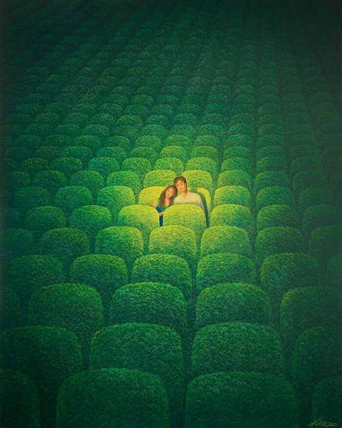 Couple sitting quietly in a lush green hedge maze, calming artwork reflecting peace and tranquility by Mulgil Kim.