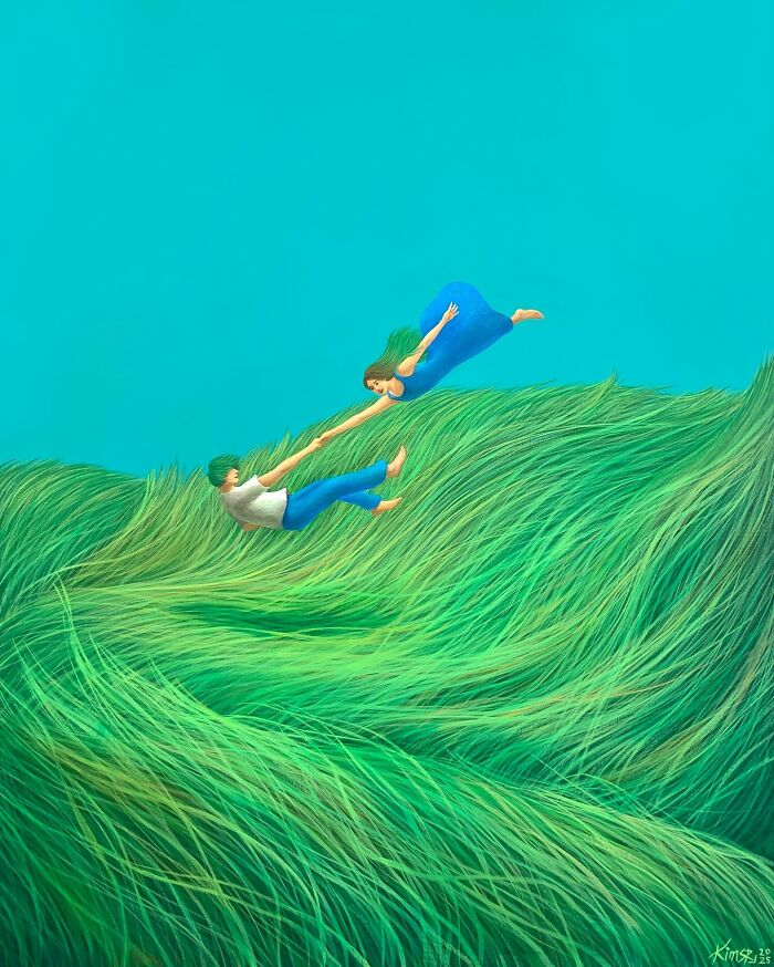 Two figures floating above a swirling green field in a calming artwork by Mulgil Kim with vibrant blue and green tones.