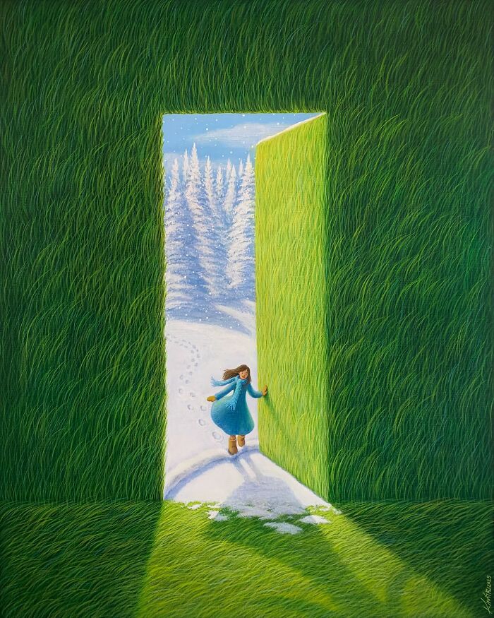 A calming artwork showing a woman in a blue coat opening a green door to a snowy forest landscape.