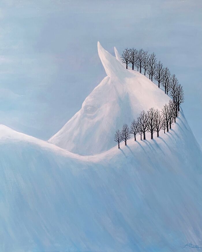 Surreal calming artwork by Mulgil Kim featuring a white horse with a row of bare trees along its neck against a soft blue background.