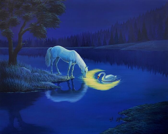 White horse and swan by a glowing crescent moon reflection in tranquil water, calming artwork by Mulgil Kim.