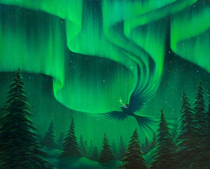 Calming artwork by Mulgil Kim depicting a glowing figure flying with wings under vibrant northern lights above pine trees.