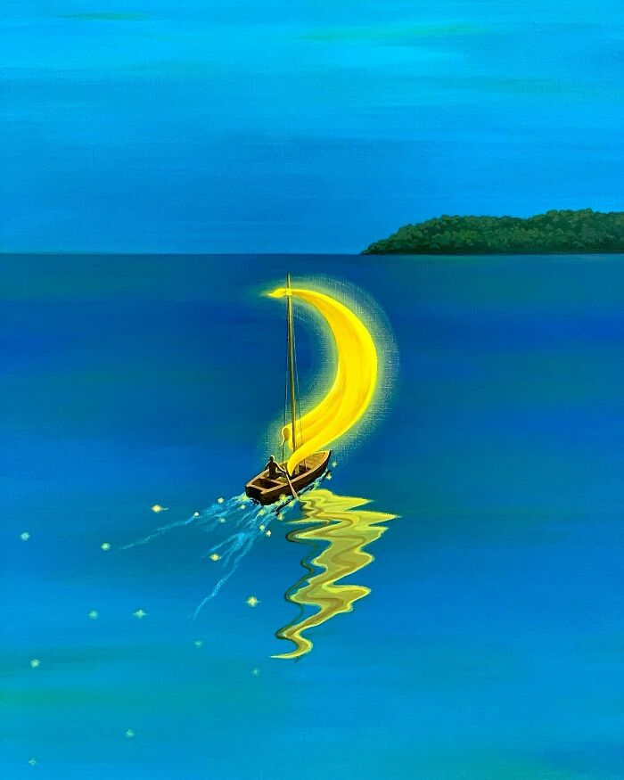 Small boat with a glowing crescent moon sail floats on calm blue water in a calming artwork by Mulgil Kim.