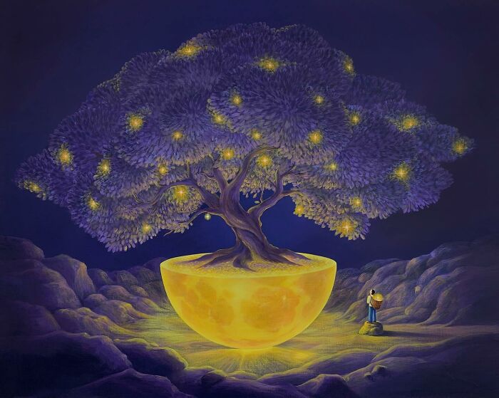 Surreal calming artwork by Mulgil Kim depicting a glowing tree growing from a luminous yellow half sphere in a dark landscape.
