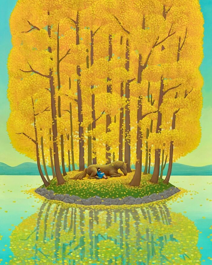 Calming artwork by Mulgil Kim depicting a peaceful island with golden trees, a girl, and a resting horse.