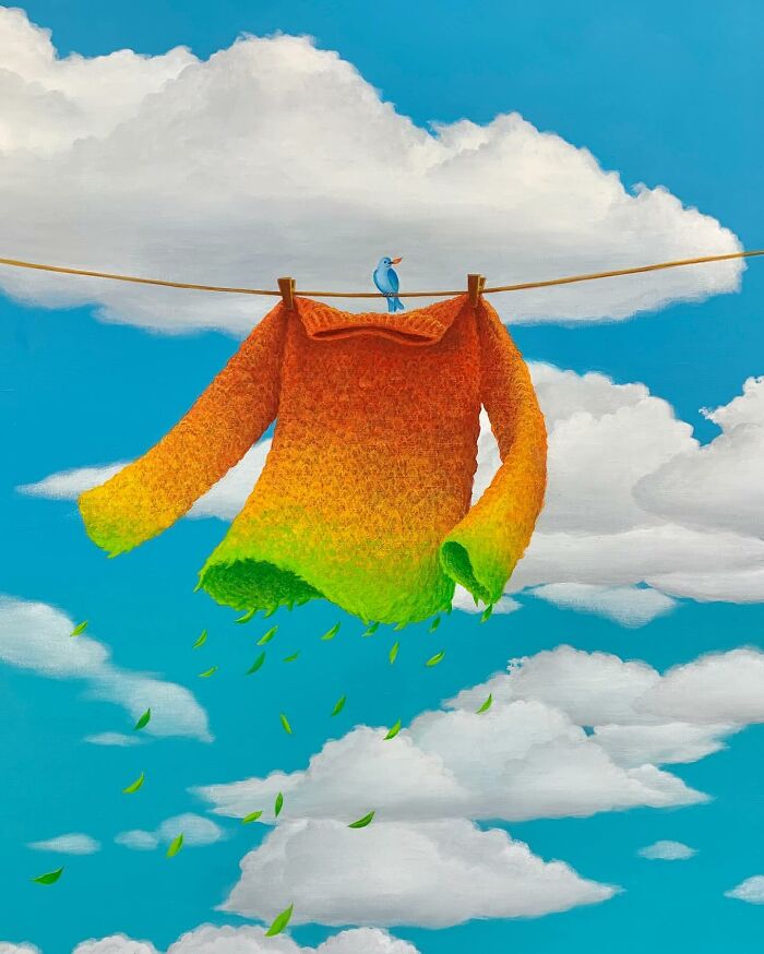 Colorful sweater hanging on a clothesline with a bird perched above, in a calming artwork by Mulgil Kim.