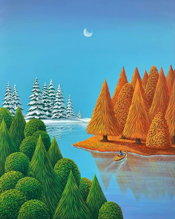 Calming artwork by Mulgil Kim depicting a serene lake surrounded by colorful trees under a bright blue sky.
