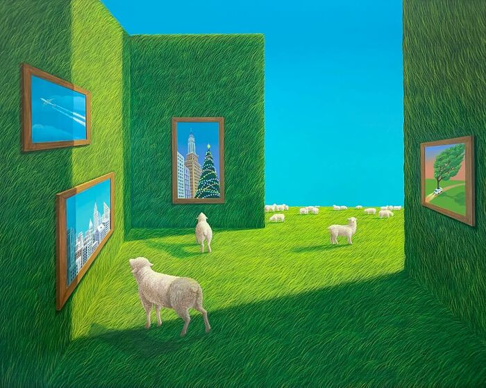 Sheep in a surreal grassy room with framed calming artworks on the walls by Mulgil Kim under a clear blue sky.