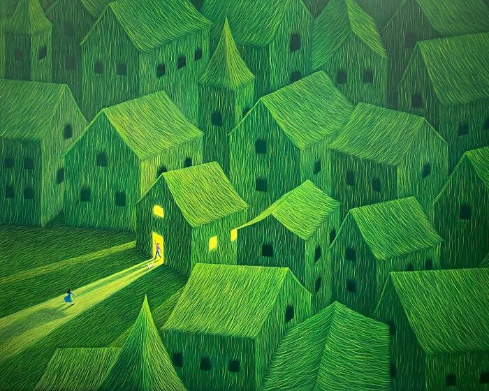 Green textured village artwork by Mulgil Kim, featuring calming light and shadow with two small human figures.