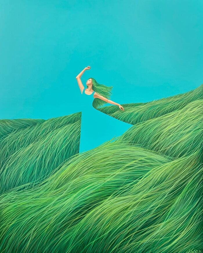 Calming artwork by Mulgil Kim featuring a woman blending into flowing green grass under a bright blue sky.