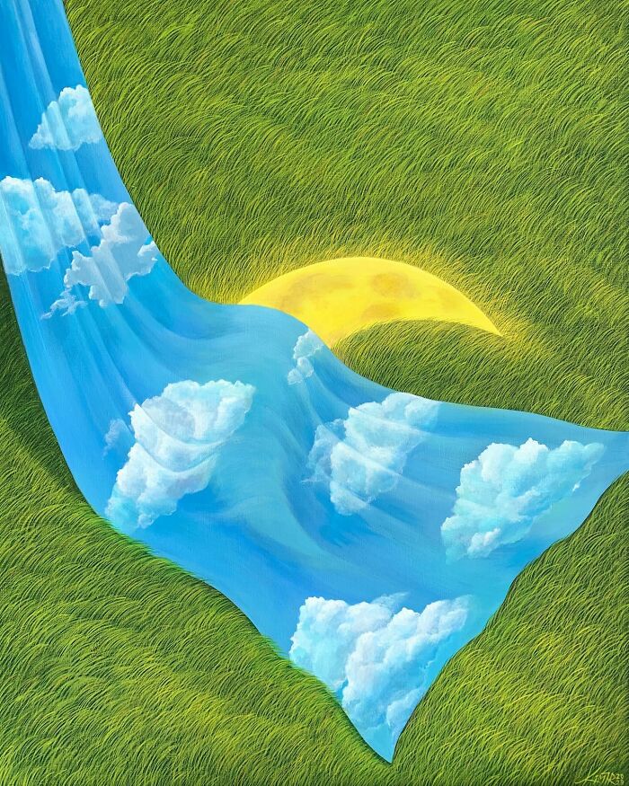 Surreal calming artwork by Mulgil Kim featuring a blue sky with clouds flowing like a river through green grass.