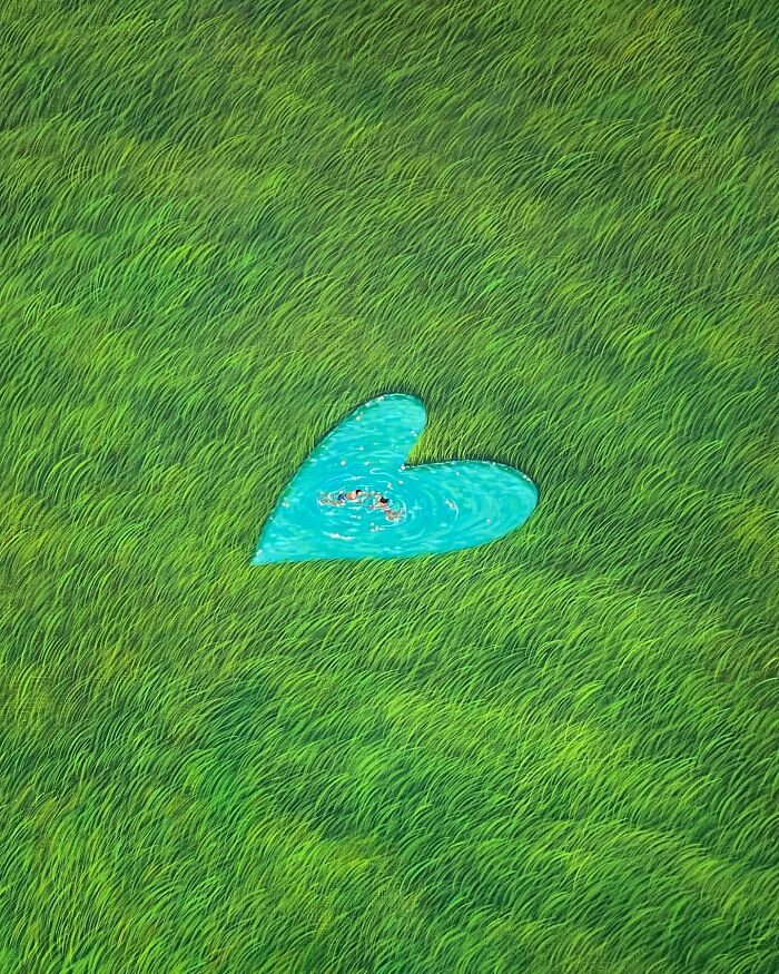 Heart-shaped blue pool with two people swimming surrounded by calming green grass artwork by Mulgil Kim