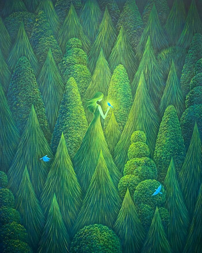 Green forest scene with a calming figure holding a glowing bird, surrounded by stylized trees and blue birds in calming artwork.