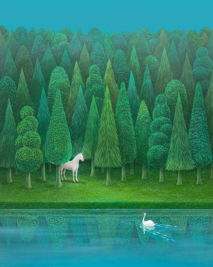 Calming artwork of a white horse by a forest lake with detailed green trees and a swan swimming in the water.