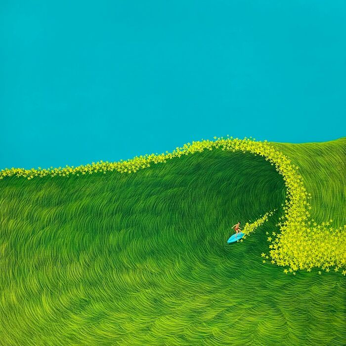 Surfer riding a wave of green grass and yellow flowers under a bright blue sky in calming artwork by Mulgil Kim.