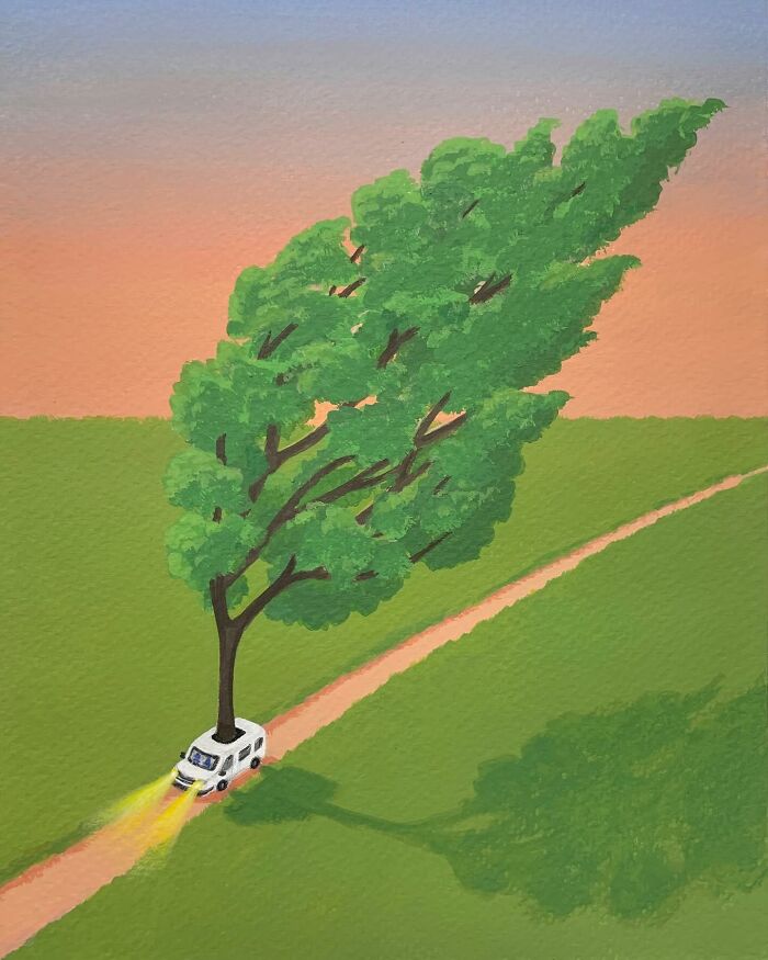 Calming artwork by Mulgil Kim showing a van driving down a path with a large tree growing from its roof.