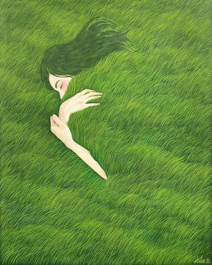 Woman peacefully resting in lush green grass, showcasing calming artwork by Mulgil Kim with soothing natural tones.