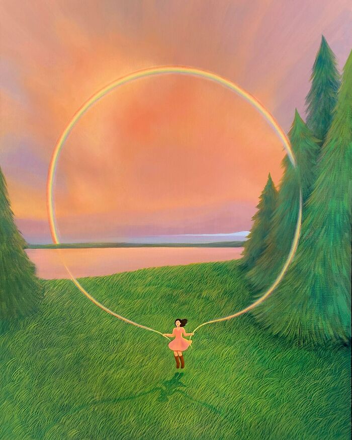 A calming artwork of a girl skipping rope on grass with a rainbow circle against a soft orange sky and green trees by Mulgil Kim.